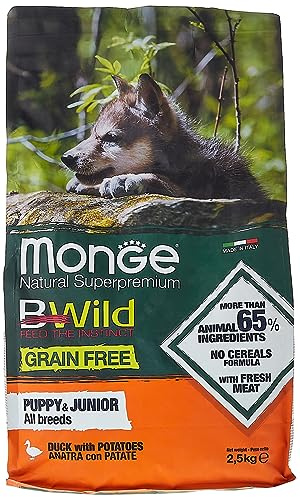 Monge BWILD Puppy Duck and Potatoes, Hundefutter für alle Rassen (Welpenfutter, Trockenfutter für Hunde mit Ente & Kartoffeln, wenig Getreide, sehr Ballaststoff- & Vitaminreich, Inhalt: 2,5 kg)