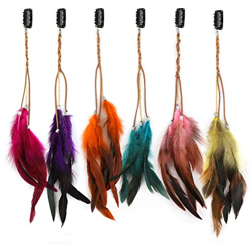 MWOOT 6 Piezas Clips de Pelo Pluma, Pluma Extensiones de Cabello, Bohemio e Indio Tocado de Plumas, Festival Cosplay de Halloween Decoracion de Cabello Accesorios - Estilo de Cadena