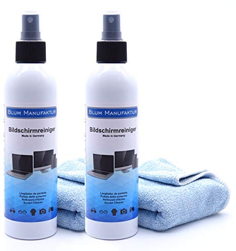 Blum Manufaktur Displayreiniger 2x250 ml - Bildschirmreinigung - PC-Reiniger - inkl. Mikrofasertuch 30 x 30 cm - vielseitig Einsetzbar - Made in Germany