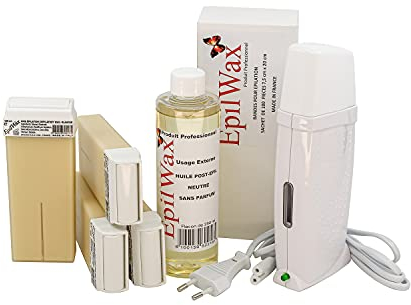 EpilWax Royal Complete Epilation Kit mit: Professionellem Wachswärmer 4 Roll-On Wachs 100 ml Vanille, 100 Epilierstreifen, 1 Flasche mit 250 ml Öl nach der Epilation (Royal Serie Vanille 4)