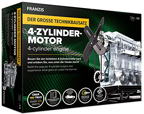 FRANZIS 67175 - Der große Technikbausatz 4-Zylinder-Motor, hochwertiger Modell-Bausatz im Maßstab 1:3, 100 Bauteile zum Stecken und Schrauben, inkl. Soundmodul, Anleitung und Begleitbuch