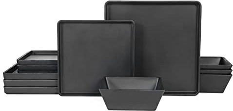 Yinshine Melamine Dinnerware Sets - 12pcs Square Plates and Bowls Set, Dishes Set, Black