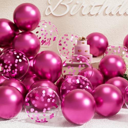 SUWEN Palloncini Fucsia Metallizzato e Palloncini a Coriandoli Fucsia 47 Pezzi 25cm 10 Pollici Metallici Adatti ad Elio per Decorazioni Feste Matrimoni Laurea San Valentino Compleanni Cerimonie