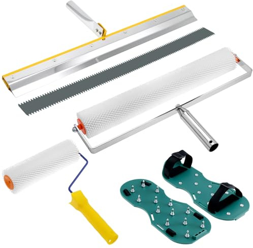 QWORK Self-Leveling Cement Tool Kit, 9 & 20 Spike Rollers with Scraper and Spiked Shoes for Cement, Mortar & Floor Leveling