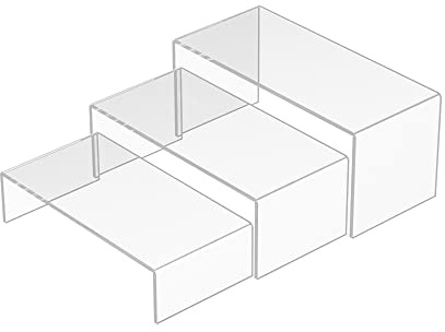 Sezanrpt Clear Riser,Scaffalatura rettangolare in acrilico, 3 pezzi, supporto in acrilico per personaggi Funko pop, profumi, borse, scarpe, giocattoli, oggetti da collezione – 20.3x21.6x22.8 cm