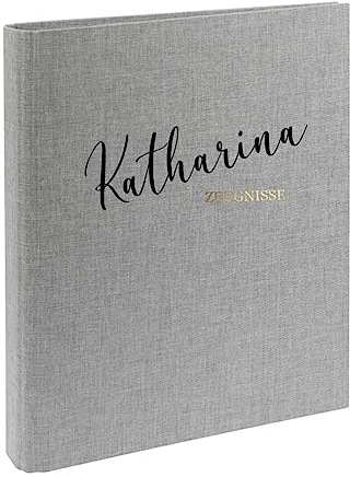 AWASG Zeugnismappe Kinder mit Namen personalisiert | Dokumentenmappe Ringbuch für Mädchen Jungen | Zeugnisordner Leinen zum Einsortieren von Urkunden Zeugnissen (Grau)