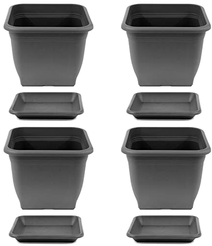 HAC24 4X Pflanztopf 23 x 23 cm Kunststoff incl. Untersetzer Eckig Anthrazit Pflanzkübel Pflanzuntersetzer Blumentopf Blumenkübel Pflanzcontainer