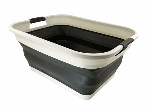 SAMMART 41L Collapsible Plastic Laundry Basket-Foldable Pop Up Storage Container/Organizer-Portable Washing Tub-Space Saving Hamper/Basket (1, Grey/Washed Black)