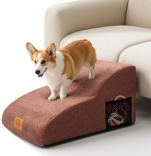 MASTERTOP Scale per Cani Estesa a 2 Gradini, Ampia Scala in Schiuma ad Alta Densità per Animali Domestici, Scaletta Antiscivolo per Animali Anziani/Feriti con Copertura Rimovibile (Marrone)