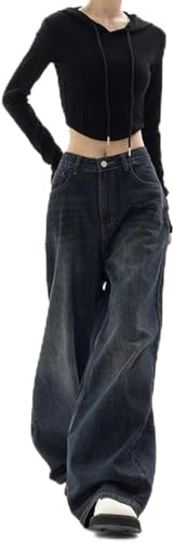 FRESQA Jean Vintage à Jambes Larges pour Femmes, Pantalon en Denim, Baggy Harajuku, surdimensionné, Streetwear Grunge Y2k, Pantalon d'automne, Mode coréenne Flare