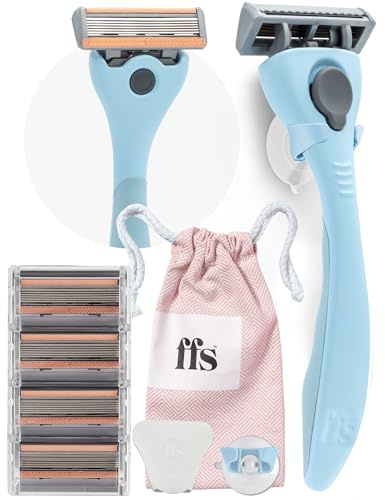 Set di rasoi da donna: 1 manico in metallo, 1 supporto per rasoio per doccia, 4 ricariche diamantate a 6 lame con striscia di vitamina E, 1 custodia da viaggio, rasoi FFS Beauty Lady da donna, gomma