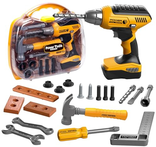 Hibility Kids Tool Set with Tool Box & Electronic Toy Drill, Pretend Play Kids Construction Kits, Toy Tools for Toddlers 3-5, Kids Tool Sets for Boys Ages 4-6