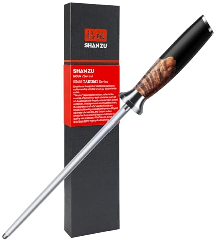SHAN ZU Acciaio per Affilare, Affilacoltelli Manuale in Acciaio 20 cm, Asta per Affilare Coltelli Professionale, Adatta a Molti Tipi di Coltelli Acciaio con Manico Ergonomico in Legno di Acero