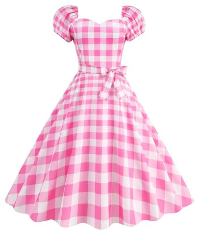 Wellwits Robe Femmes Carreau Col Carré Manches Bouffantes Cocktail Vintage Rose XL