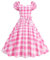 Wellwits Robe Femmes Carreau Col Carré Manches Bouffantes Cocktail Vintage Rose XL