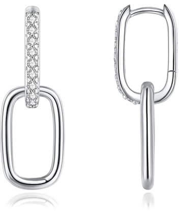 Loutade Convertible Link Earrings for Women, 925 Sterling Silver Double Oval Hoop Earrings, Hypoallergenic Paperclip Chain Link Earrings Silver, CZ Simple Geometric Silver Drop Oval Hoop Earrings