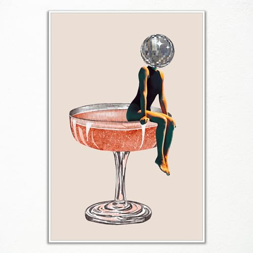 ogyormpi Funky Disco Ball Poster, Retro Disco Head Girly Wall Art Canvas, Vintage 70s Disco Art Print, Trendy Champagne Art, Luxury Mirrorball Picture for Girls Dorm Apartment Art 12x16in Unframed
