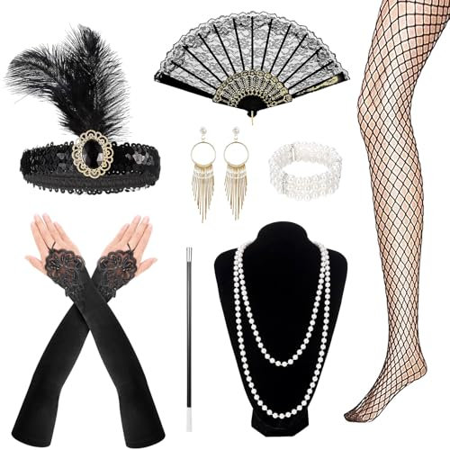 POFIBO 20er Jahre Accessoires - 8 Stück 1920er Kostüm Damen, Mafia Kostüm, Great Zubehör