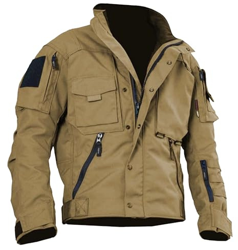 Tiwate Vestes tactiques cargo d'extérieur pour homme, multi-poches, col montant, vestes militaires, coupe-vent en coton léger, kaki, XL