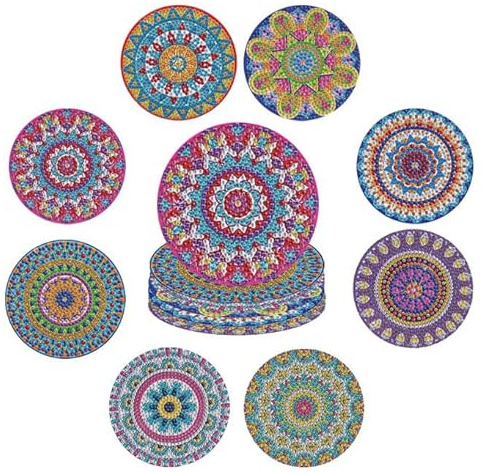 8 PCS 5D DIY Diamond Crafts Painting Coasters, Round Diamond Art Cup Drink Coasters with Mandala Pattern, Adult Crafts (Mandala Pattern-B)