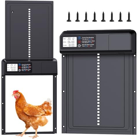XPJBKC Puerta automática de gallinero con temporizador, gallinero eléctrico impermeable con modo manual, puerta automática para pollos, diseño antipellizcos, pantalla LCD grande, para mantener pollos