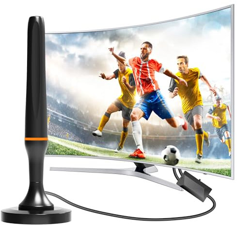 DVBT2 Antenne - Digitale Zimmerantenne für Fernseher - DVBT2 Antenne mit Verstärker Innen mit Verstärker Innen 360 Grad Empfang - Mit Magnetfuß - 3 Meter Kabel, unterstützt 4K HD-Kanäle, Smart TV