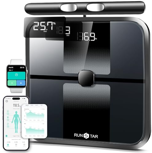 RunStar Scale for Body Weight and Fat Percentage, 8-Electrode Full Body Composition Monitor 28 Body Metrics Sync App, BMI, Muscle Mass-High Accuracy Digital Bathroom Scale with 3-Metric Display Black