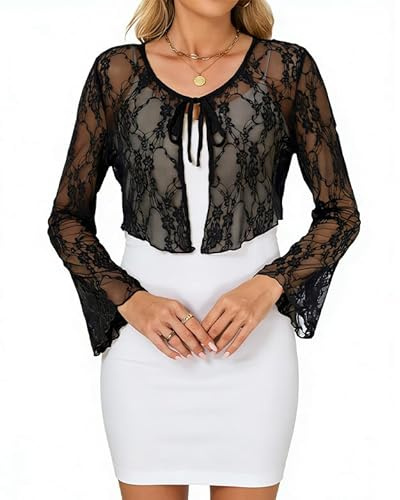 Enjyam Bolero Donna Maniche Lunghe Semitrasparente con Cordoncino per Primavera Estate-Nero/S