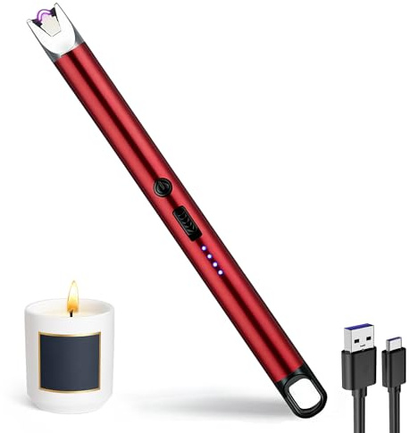 JIEYUCHU Accendino Elettrico, USB Accendino Ricaricabile con Serratura di Sicurezza, Antivento Senza Fiamma, Accendino Lungo per Candele, Campeggio, Stufe, Barbecue (A-Rosso Ghiaccio)