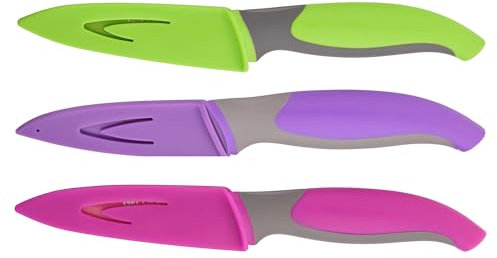 GRÄWE 3er Set Küchenmesser mit Klingenschutz, antibakteriell, Grün, Lila, Pink, Allzweckmesser, Rutschfester Griff, Antihaft-Beschichtung,mit Schutzhülle, Stoffetui, Spülmaschinengeeignet, Schälmesser