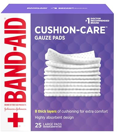 BAND-AID Brand Absorbent Cushion Care Sterile Square Gauze Pads for First Aid Protection of Minor Cuts, Scrapes & Burns, Non-Adhesive, Wound Care Dressing Pads, Large, 4 in x 4 in, 25 ct