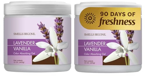 SMELLS BEGONE 15oz Gel Odor Eliminator - Absorb & Remove Tough Odors in Pet Areas, Bathrooms, Basements, Garage, Cars, RVs & Boats - Eliminate Odors Quickly (2-Pack, Lavender Vanilla)