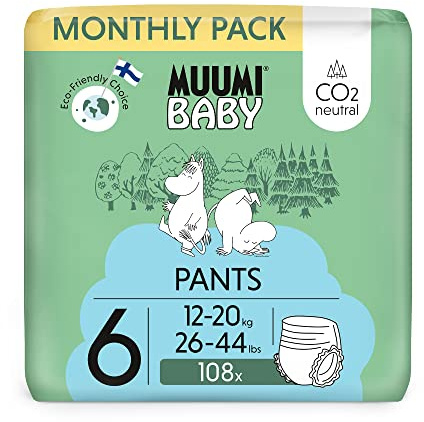 Muumi Baby Eco Pull Ups Size 6 Monthly Pack, 12-20 kg, 108 Sensitive Premium Nappy Pants with Leakage Barrier | Soft and Skin Friendly, No Unnecessary Chemicals |