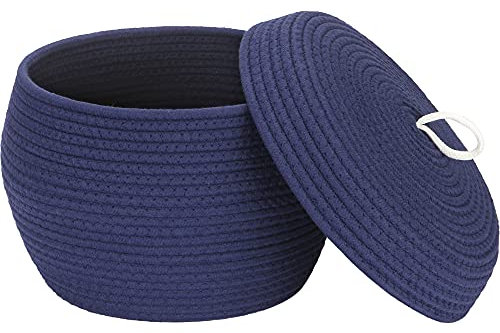 Sea Team Round Cotton Rope Storage Basket with Lid, Decorative Woven Storage Bin, Pot, Caddy, Organizer, Container for Snacks, Towels, Plants, 13 x 9 Inches (Large, Dark Blue)