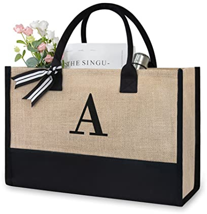 TOPDesign Initial Jute/Canvas Tote Bag, Personalized Present Bag, Suitable for Wedding, Birthday, Beach, Holiday, is a Great Gift for Women, Mom, Teachers, Friends, Bridesmaids (Letter A)