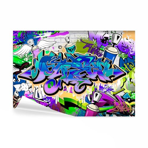 decomonkey Papier Peint Panoramique Adhésif Graffiti Street art 392x280 cm | Stickers Muraux Chambre Déco XXL Autocollant, Vert bleu marron, Graffiti artistique inscriptions murales urbaines