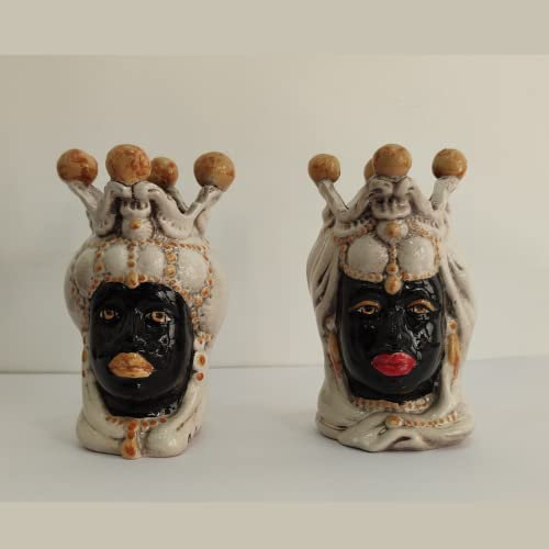 GL CERAMICHE Set Coppia Teste Di Moro Siciliane Dipinte Interamente A Mano, Vaso Decorativo Da Interno Realizzato In Sicilia, Vasi Testa Di Moro H 14Cm| Made In Italy