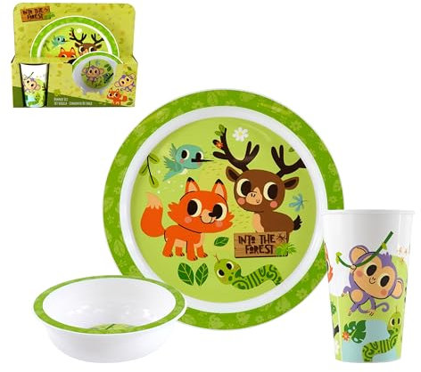 3Pcs Jungle Forest Camping Dinner Set BPA Free Outdoor Indoor Multicolored Kids Cups Picnic Party Tableware Set for Mealtime Plate Bowl & Tumbler Re-usable Plastic Xmas Gifts 3+ Years