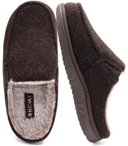 ONCAI Hombre Zapatillas de estar por casa, Mezcla de Lana y Algodón de Espuma de Memoria de Alta Densidad Fieltro Interior y Exterior Suela de Goma Marrón Talla 44.5