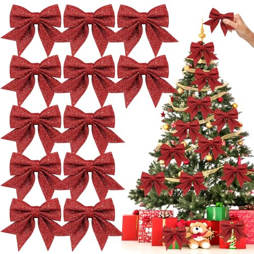 12 Stück Weihnachtsschleifen,18x13cm Weihnachten Schleifen Weihnachtsbogen Band Glitzer Schleife Weihnachtsbaumschmuck,Weihnachtskranz Weihnachtsfeier Dekoration DIY Handwerk(Rot)