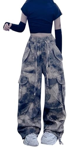 Pantalon Cargo Enfant Fille 4-13 Ans Militaire Pantalon Cargo Baggy Fille Jambe Large Taille Elastique Chic Confortable Pas Cher Sport Casual Vacances Jogging Streetwear (Camouflage, 12-13 Years)