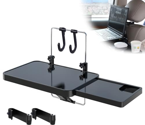 CLIUNT Car Steering Wheel Tray, Steering Wheel Table with Hook, Car Table for Laptop, Steering Wheel Laptop Holder, Foldable Hanging Rear Backseat Car Tray, Expandable Tray and Cup Slot