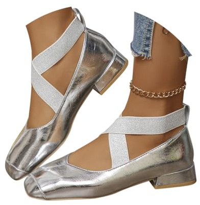 Minetom Ballerines Femme Escarpins Bloc Talons Chaussures À Talons Hauts Confortable Talon Haut avec Lanière Croisée Et Bout Fermé Parfait pour Les Mariages Et Les Fêtes A Argent 40 EU