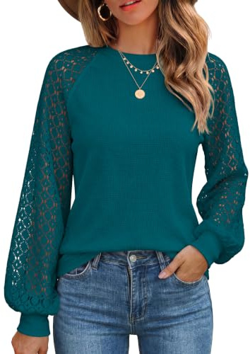 Zeagoo Womens Long Sleeve Tops Lace Plain Casual Blouses Loose Shirts | Round Neck| Waffle Business Work Shirts| Elegant Fall Tunic| S-3XL
