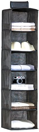 ASelected Hanging Wardrobe Storage Organiser with 6 Shelves,Foldable Wardrobe Clothes Organiser,Wardrobe Closet Organiser with Bamboo Sticks, Space Saving and Foldable,grey