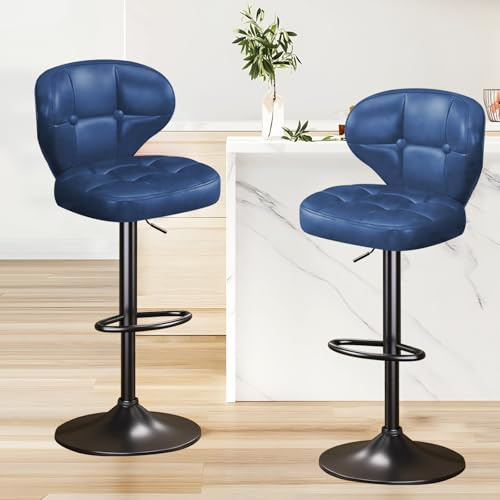 Walktory Bar Stools Set of 2, Adjustable Swivel Bar Chairs with 360° Rotation, Padded Counter Stools with Back and Footrest for Kitchen Island, Bistro, Cafe, and Home Use Blue