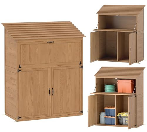 Caseta de jardín de Madera Outsunny, caseta de Herramientas con tejado Inclinado Escalonado, Mesa Plegable Puertas Dobles 110 x 54 x 136 cm, caseta de Herramientas Resistente a la Intemperie, caseta