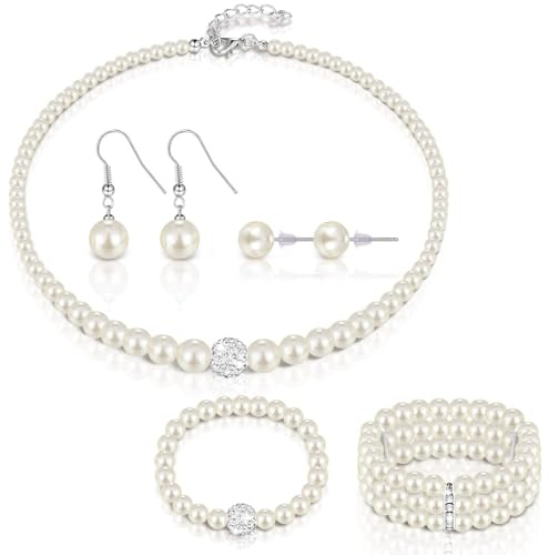 CHarmeFleur Set di Gioielli in Perle e Cristallo per Donne Collana di Perle Bracciale Orecchini per Matrimonio Compleanno Festa delle Damigelle Tea Party Collane di Perle per Donne