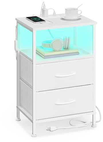 SONGMICS BELLAH Collection - Nightstand with Charging Station and App-Controlled Adjustable LED Lights, Bed Side Table, 2 Drawer and 1 Open Shelf, Bedroom, Cloud White and Snow White ULGS302WH01S