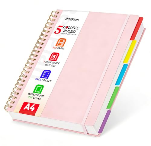 ReePlan Anteckningsbok A4-linjerad spiralbunden – 360 sidor, 100 g/m² papper, spiralanteckningsbok med 5 avdelare, A4-spiralblock inbunden som allt-i-ett-anteckningsbok för skola, kontor och studier